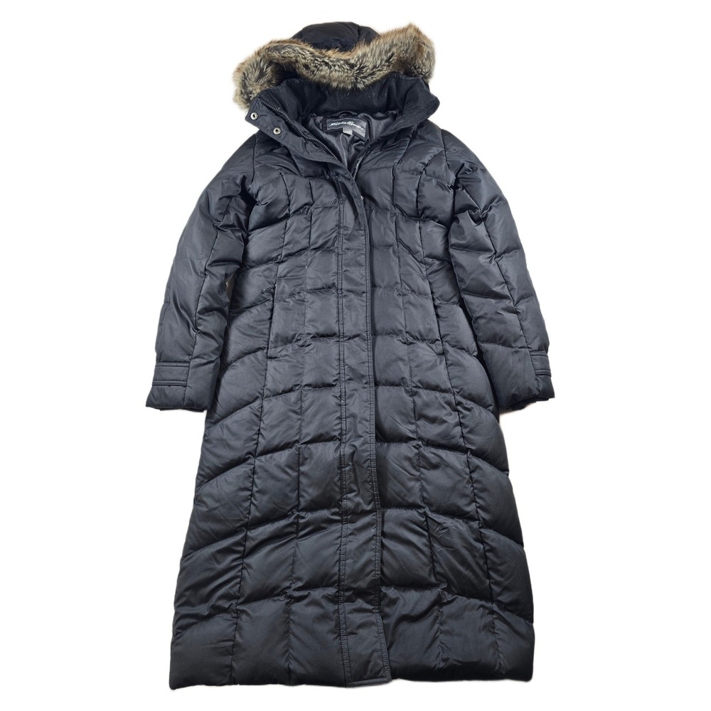 Eddie Bauer Long Down Parka Womens Small Black Faux Fur Hood Sun Valley EB550